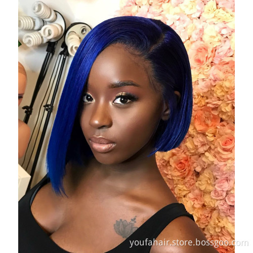 Top Selling Brazilian Hair Ombre Color Blue HD Lace Front Short Bob Wig Virgin Human Hair Bob Wigs 8 Inch Closure Short Bob Wigs